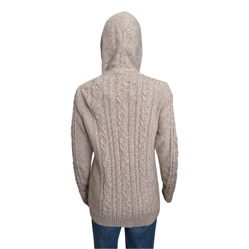 L.L Bean Beige Cream Hooded Cable Knit Front Zip Sweater Cardigan Medium - Picture 2 of 9